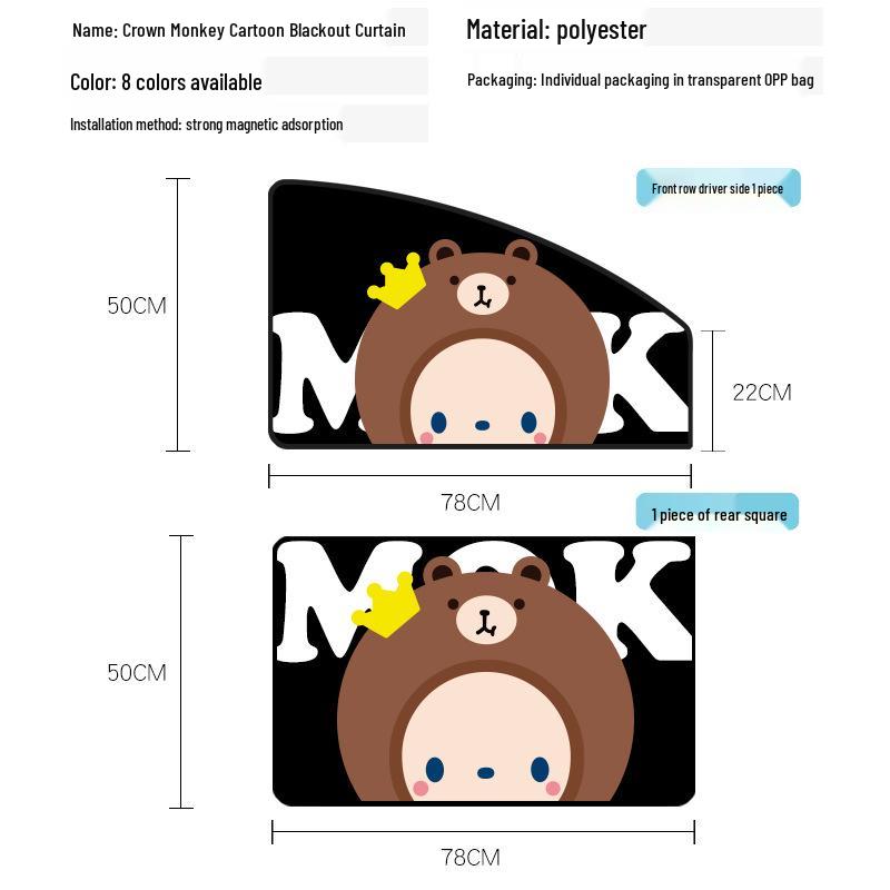 Crown Monkey Car Sunshade: Magnetic Cartoon Curtain for Side Windows, Sun Visor Protection.
