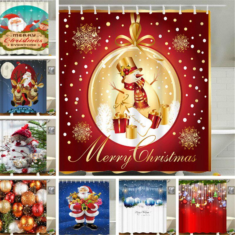 Christmas Curtain Shower With Hook Xmas Bathroom Decoration Santa Claus Snowman