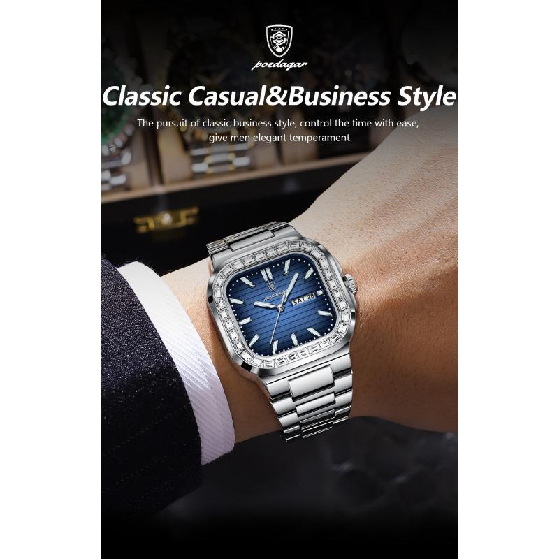 POEDAGAR Top Brand Luxury Watch for Men Waterproof Luminous Date Week Wristwatch Stainless Steel Square Quartz Watches