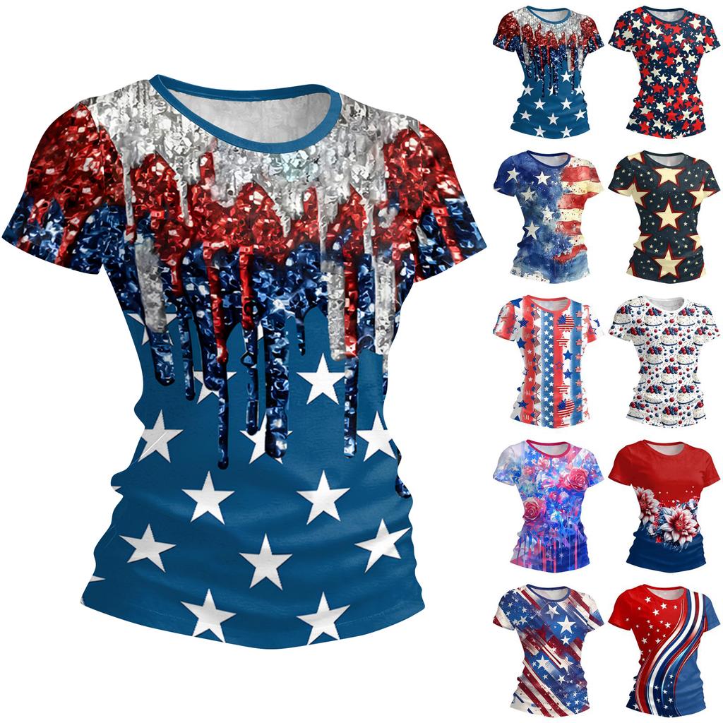 Women's Fashion Round Neck Independence Day Print Short Sleeve Loose Crewneck T-Shirt Top