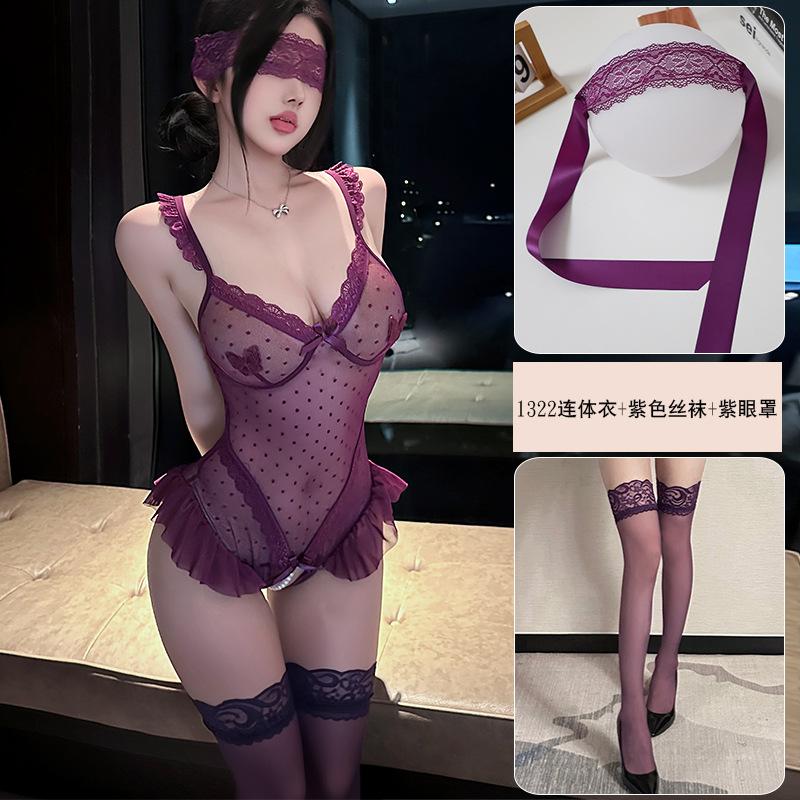 Yiyue erotic underwear sexy bead chain plus size onesie women's lace seduction uniform open crotch pure desire pajamas 1111