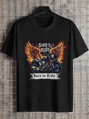 1 Stück Motorrad Flügel Flammen Grafik T-Shirt mit Kräftiger Schrift und Totenkopf Design