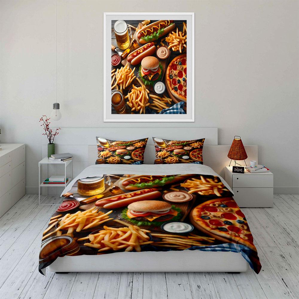 Vintage Fast Food Fest Bettwäscheset Burger Pizza Hund Bier Pommes Essen Druck Bettbezug Set 3-teilig Für Essensliebhaber Teenager Jungen