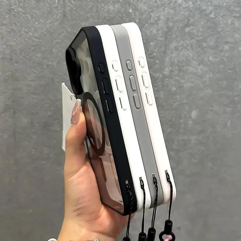 Luxury Clear For Magsafe With Lanyard Phone Case For iPhone 17 Pro 16 15 14 13 12 11 Pro Max Shockproof Armour Wrist Strap Cover