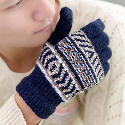 New Winter Men's Cold-proof Warm Gloves for Cycling Plus Fleece Knitted Full-finger Jacquard