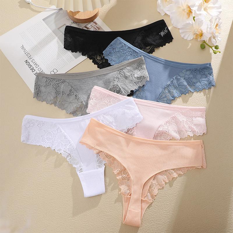 Women Cotton Panty Sexy Lace Thong Low Rise Transparent Underwear G-String Ribbed Intimates Breathable Lingerie
