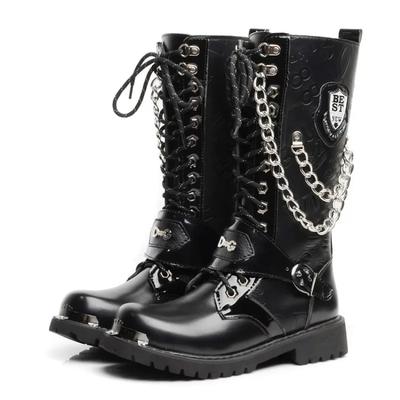 Herrenstiefel Hochwertige Lässige Lederstiefel Mode Herren Motorradstiefeletten Kettendesign Mid-Calf Stiefel für Herren Botas Para Hombre