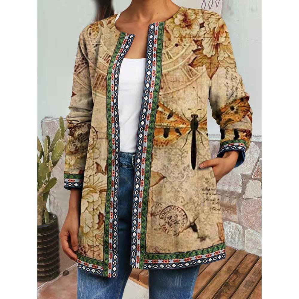 GMXIA Herbst Winter Vintage Ethnischer Stil Druck Übergröße Jacke Strickjacke Damenbekleidung