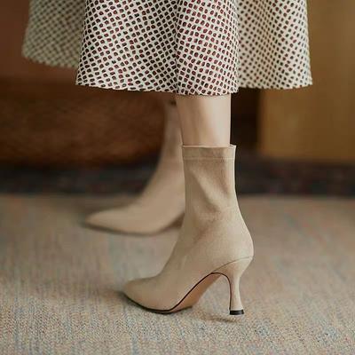 Fashion High Heel Single Boots Women's Autumn New Pointed Toe Suede Cover Foot Non-Slip Wear-Resistant Stretchy Sock Boots