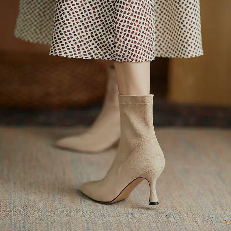 Fashion High Heel Single Boots Women's Autumn New Pointed Toe Suede Cover Foot Non-Slip Wear-Resistant Stretchy Sock Boots