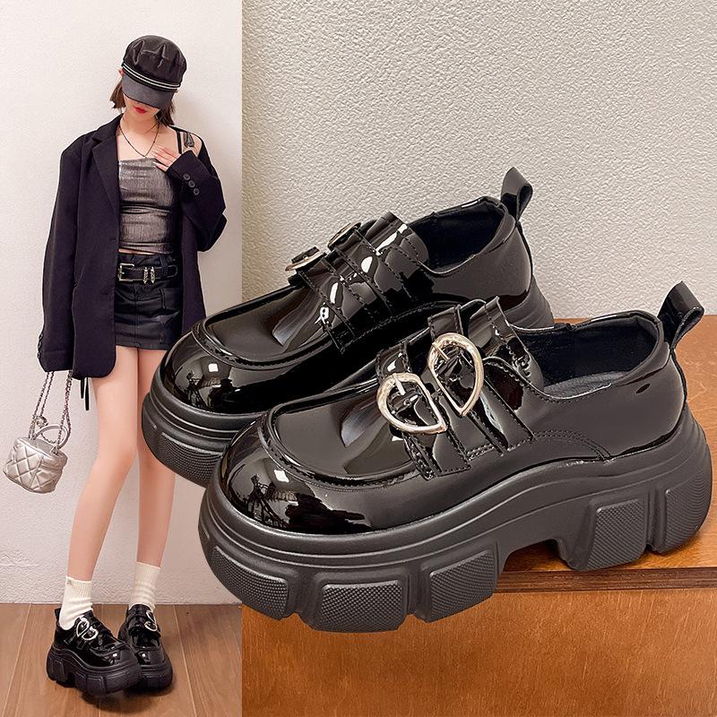 thick-soled double-buckle loafers, leather Velcro thick-heeled women's shoes, versatile muffin-soled leather shoes, high-heeled deep-mouth