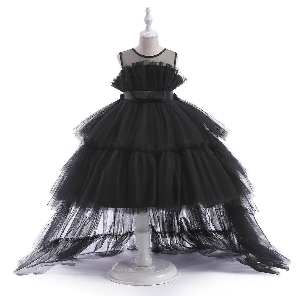 Girls' Princess Layered Puffy Train Gown for Piano Performances & Runway