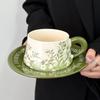 Retro keramické šálky a podšálky, Starožitná olejomalba, Zelená konvalinka, Šálek a podšálek na kávu, Odpolední čaj ve stylu Hepburn