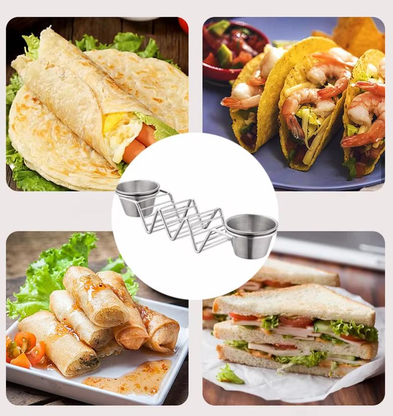 Stainless Steel Taco Holder Set Taco Shell Holder Stand with 2 Sauce Cups Taco Stand Hold 3 Tortillas Kitchen Gadget