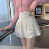 Black White Pleated Skirts Casual Slim College Women Korean Elastic High Waist Mini Metal Letter D A-line Skirts Clubwear