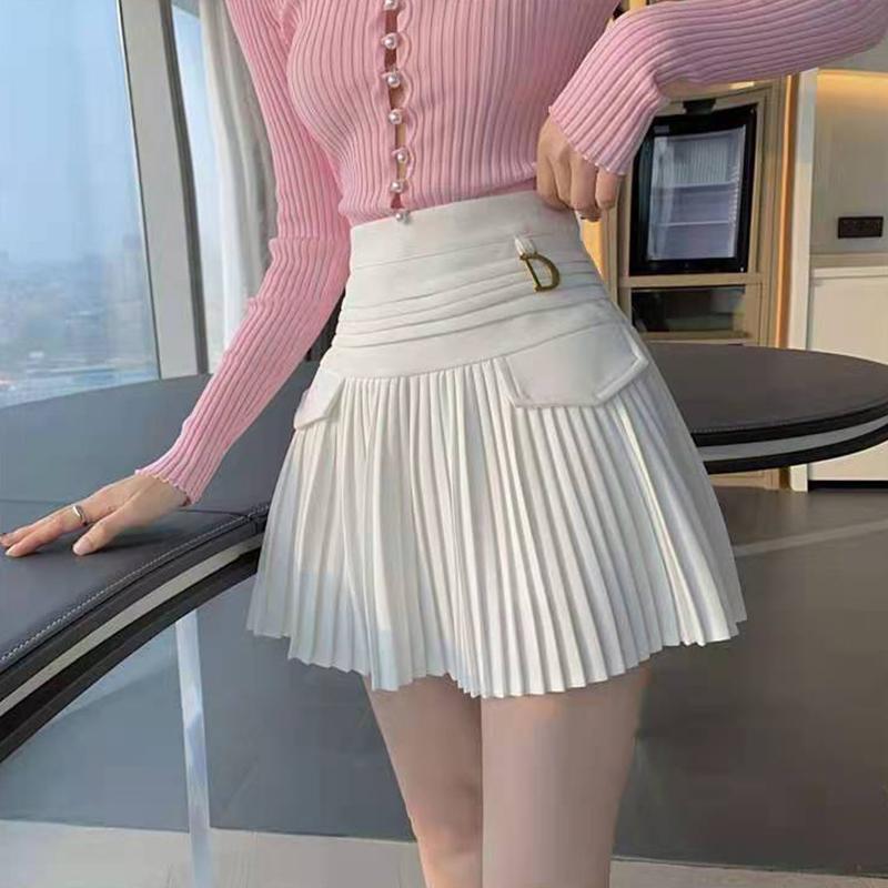Black White Pleated Skirts Casual Slim College Women Korean Elastic High Waist Mini Metal Letter D A-line Skirts Clubwear