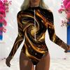 Women Plus Size High Neck Long Sleeve One Piece Swimsuit Front Zip Galaxy Print Black Teal Gold