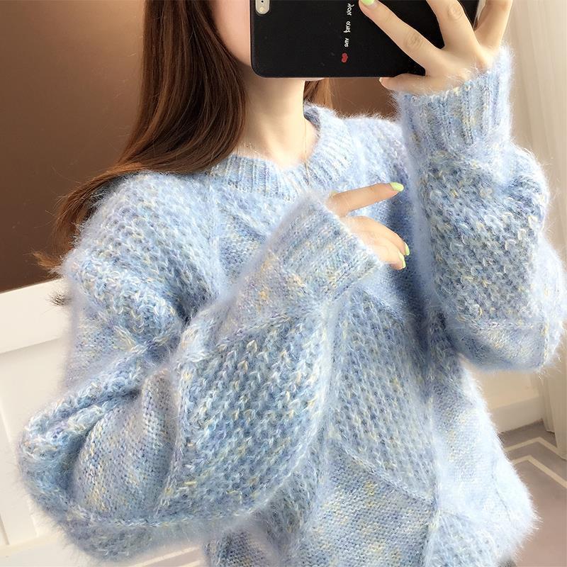 Meeldiva kaelusega sviiter naiste sügis- ja talvine välimine riietus uusaasta uus Korea versioon pullover avar laisas stiilis põhjaga kootud kampsuni ülaosa