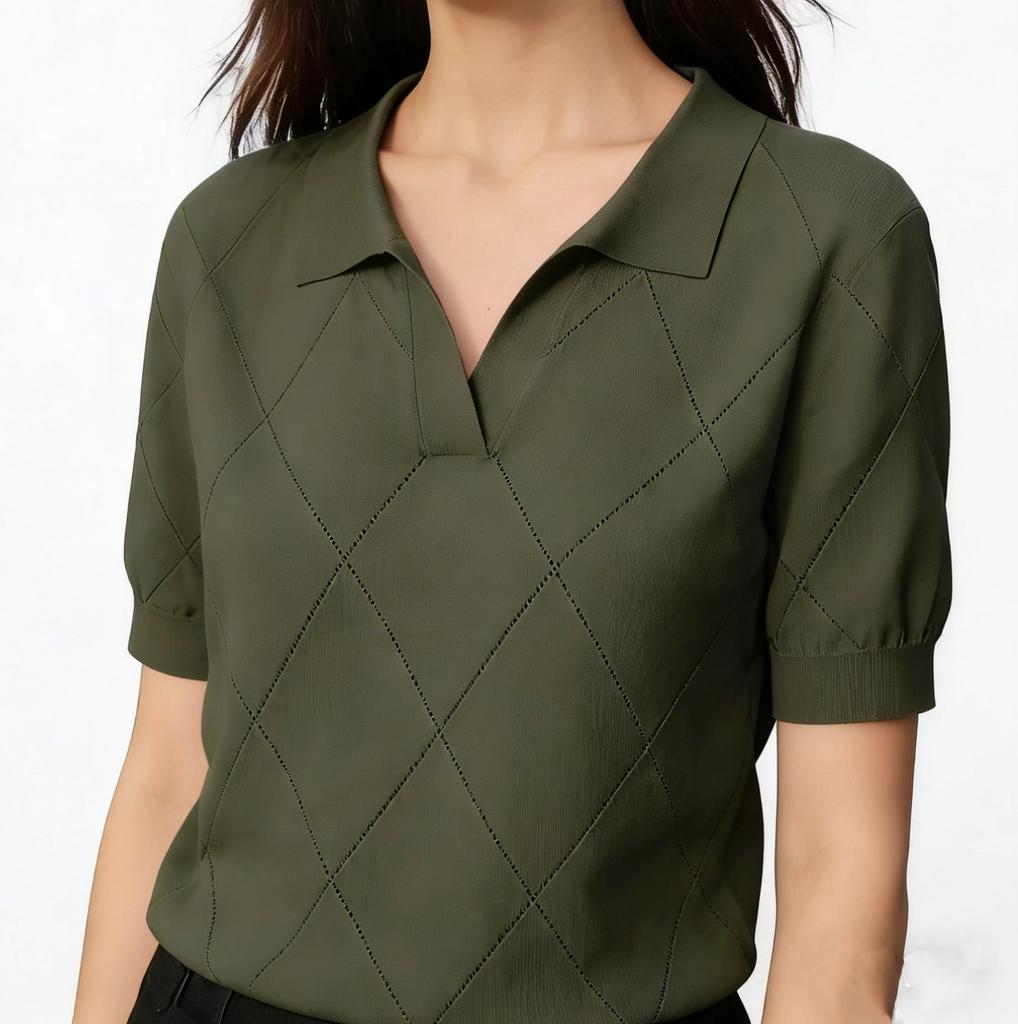 Women Summer Thin Knit Polo Collar Short Sleeve Slim Commute Top