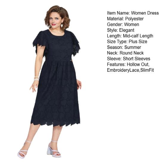 Damen Kleid Übergröße Rundhalsausschnitt Aushöhlen Stickerei Spitze Schlanke Passform Einfarbig Kurze Ärmel Pendeln Formelle Party Abschlussball Sommer Midikleid