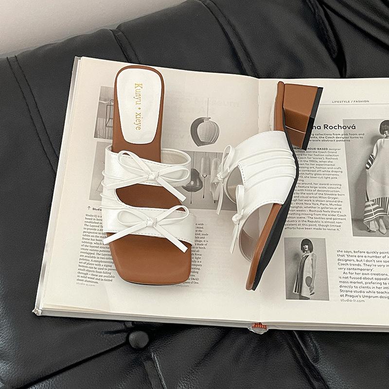 French square head bow with skirt slope heel cool slippers women's summer wear casual square and fashion one-word drag