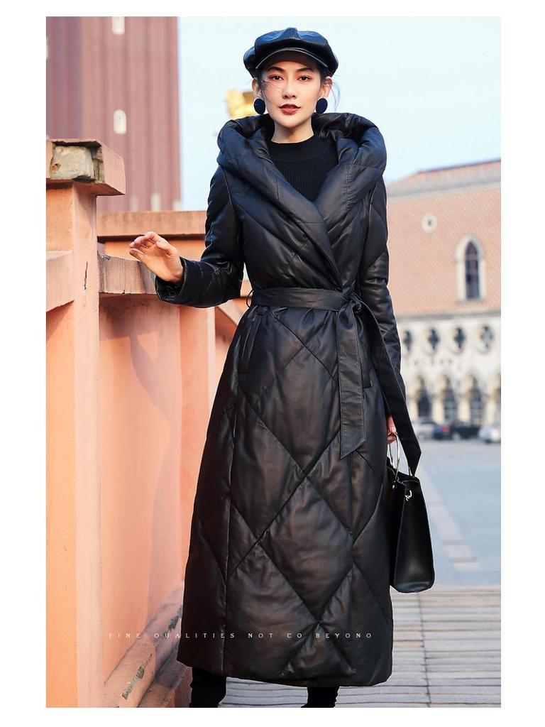 European & American 2025 Winter Sheepskin Leather Down Jacket: Women's Extra Long Thick Hooded Coat