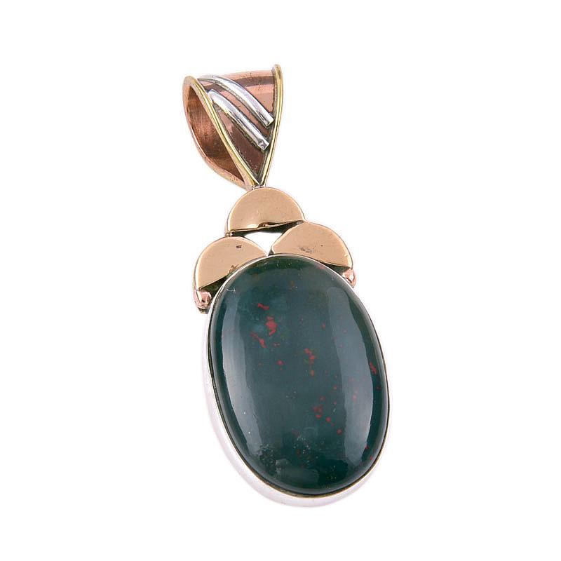 Natural Bloodstone 925 Solid Sterling Silver Jewelry TwoTone Pendant 1.50" u8A29