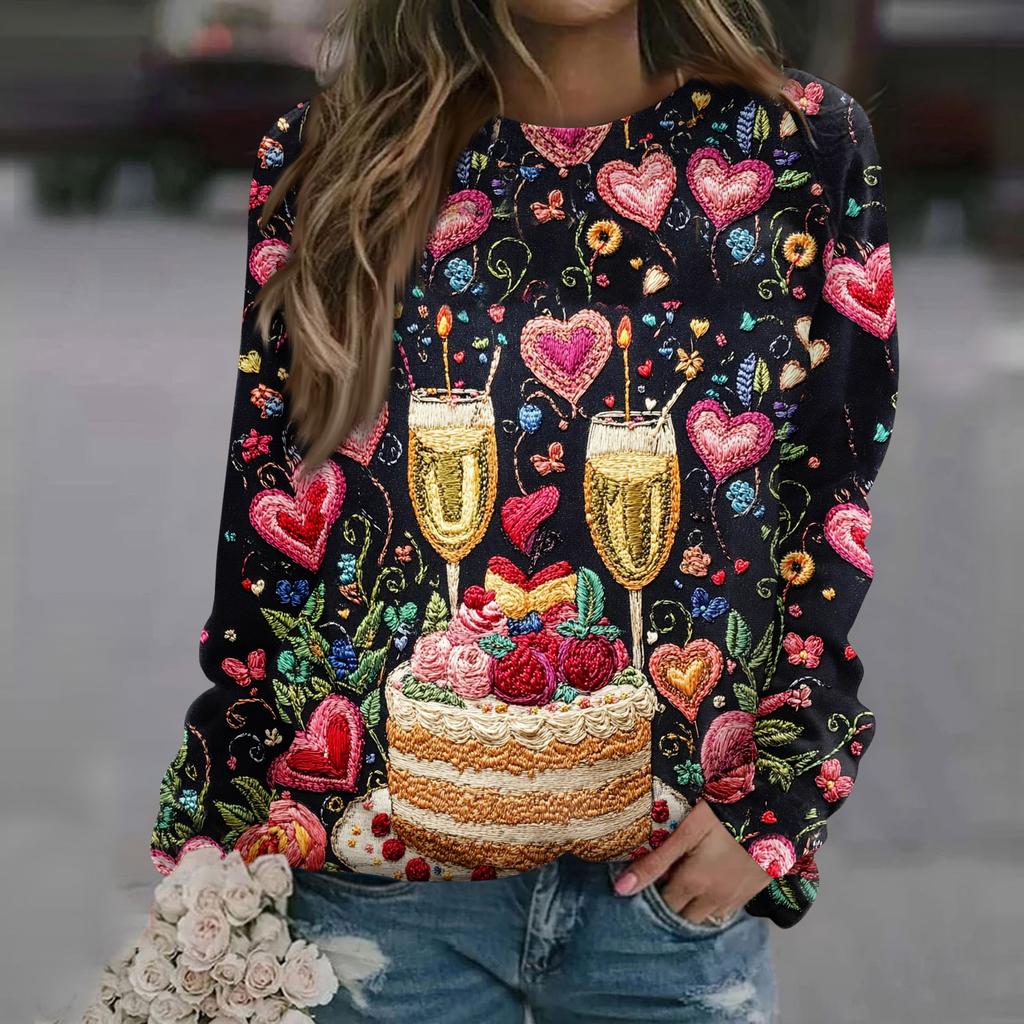 Women's Fashion Casual Long Sleeve  Printed Neck Sweatshirt Top