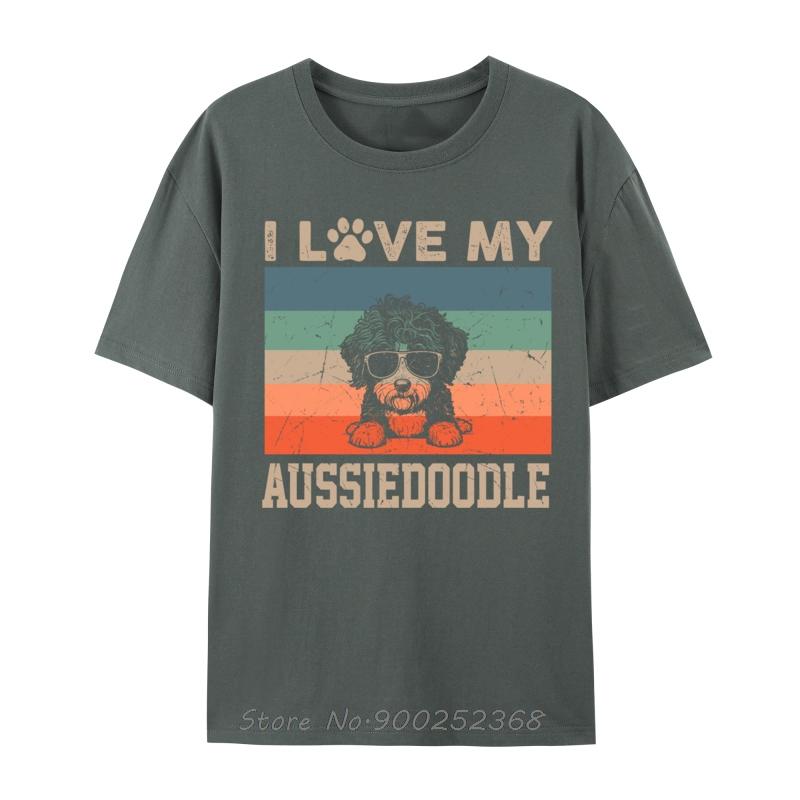 I Love My Aussiedoodle Cool Dog Vintage Retro Dog Christmas TShirt Fashion Graphic Tees Casual Cotton T Shirt Men Oneck Tshirt