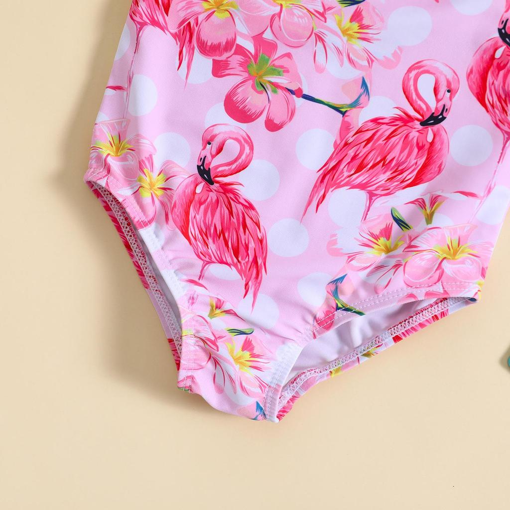 Flamingo Print V-Neck Spaghetti Strap One-Piece Swimsuit for Girls