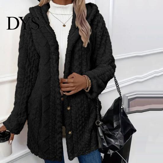 Casual Plush Jacket Fall Spring Women Hooded Loose Solid Color Long Lady Thick Coat Sleeves Single-breasted Cardigan Hoodie Sport Commuting Outerwear