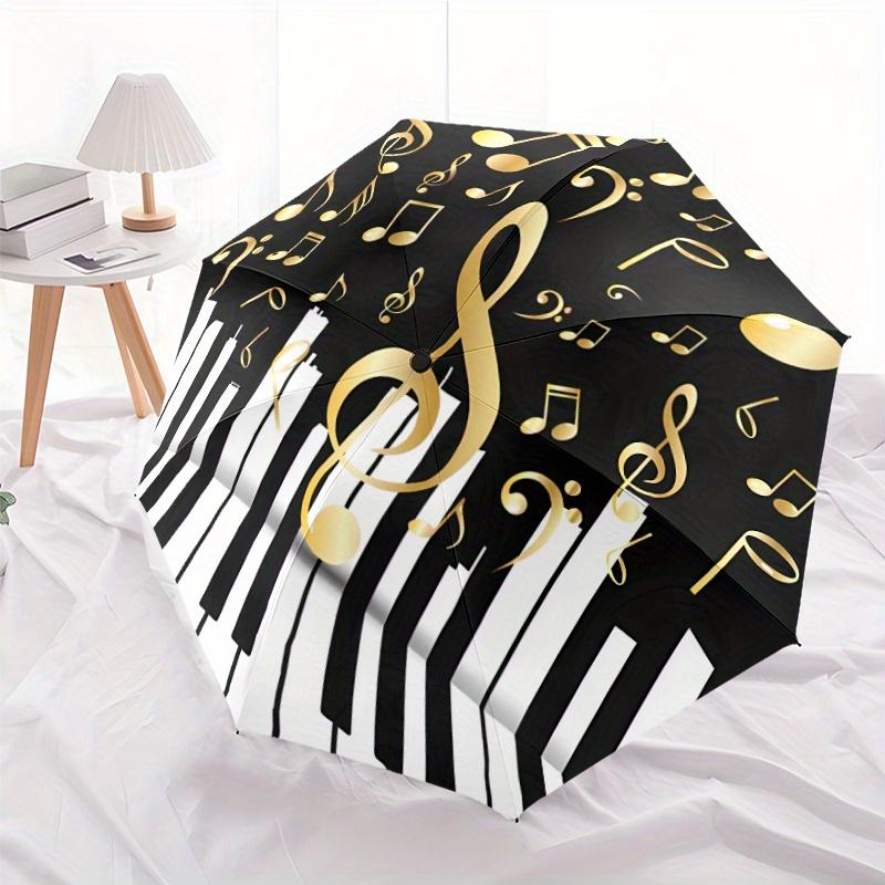 Music Notes & Piano Keys Umbrella - Automatic Open/Close, Shielding, Sturdy 8-Rib Frame, Elegant Black & Golden Musical design