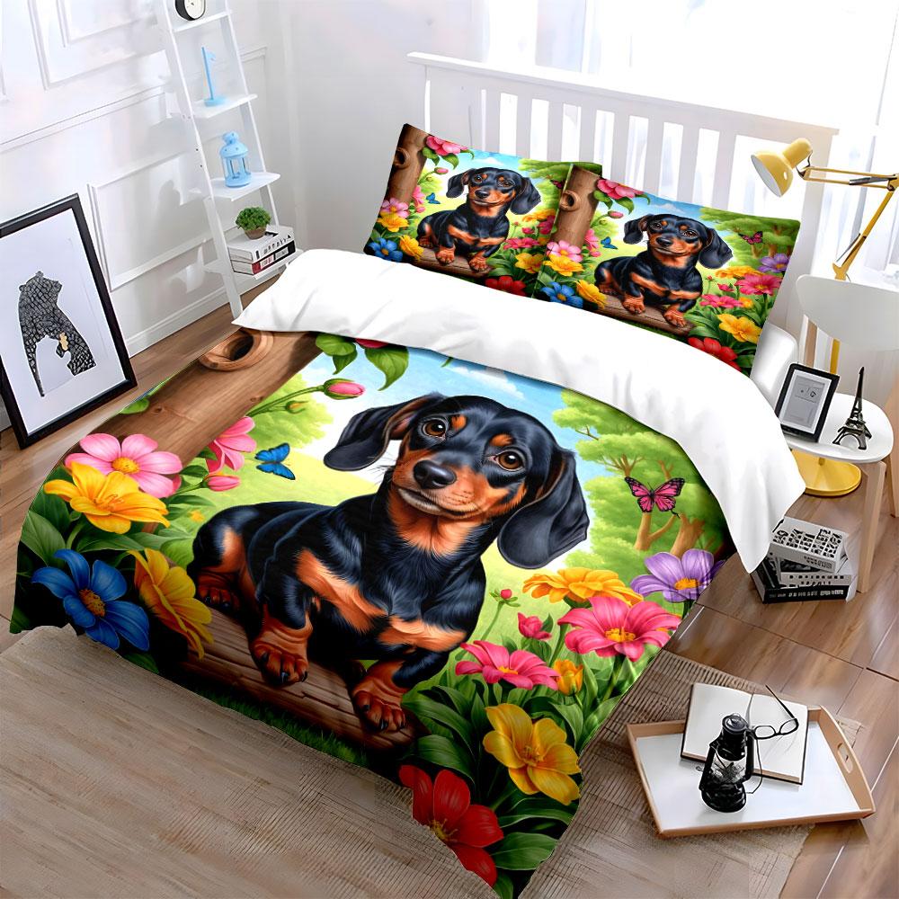 Floral Garden Dachshund Decor Set Exquisite Three-Piece Bedding Set Gift For Kids And Adults
