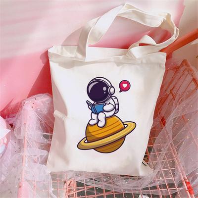 2022New Women Pink Cartoon Astronaut Print Canvas Vest Shoulder Bag Big Capacity Cloth Shopping Bags Beach Shopper Bag