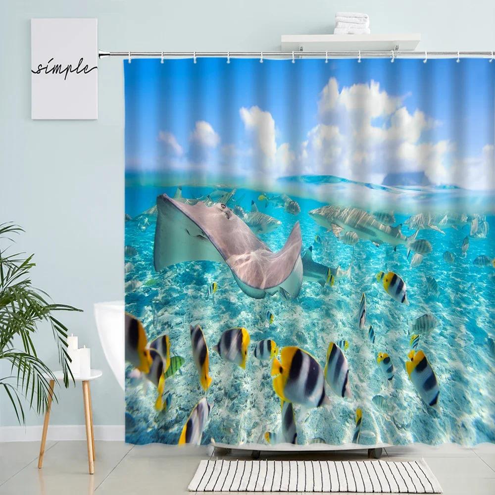 Dolphin Shark Shower Curtain Coral Tropical Fish Sea Turtle Underwater World Landscape Modern Children Bathroom Curtains Decor