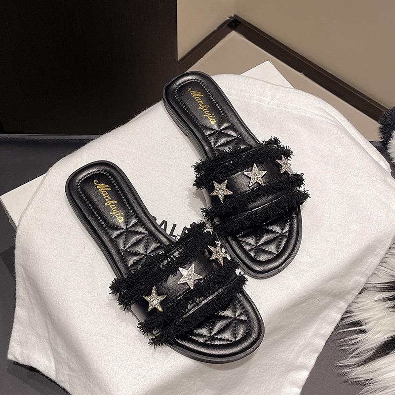 Fashion Women Summer Shoes 2025 Summer New Non Slip Comfortable Slippers Outdoor Fashion Rhinestone Flat Sandals Soft Bottom Beach Shoes