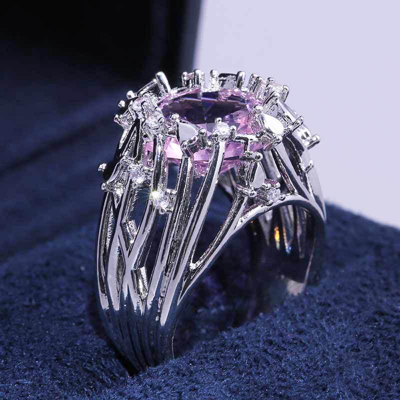Pink Cubic Zirconia Ring Suitable for Women's Engagement Wedding Luxury Accessories Sparkling Silver Fashion Jewelry