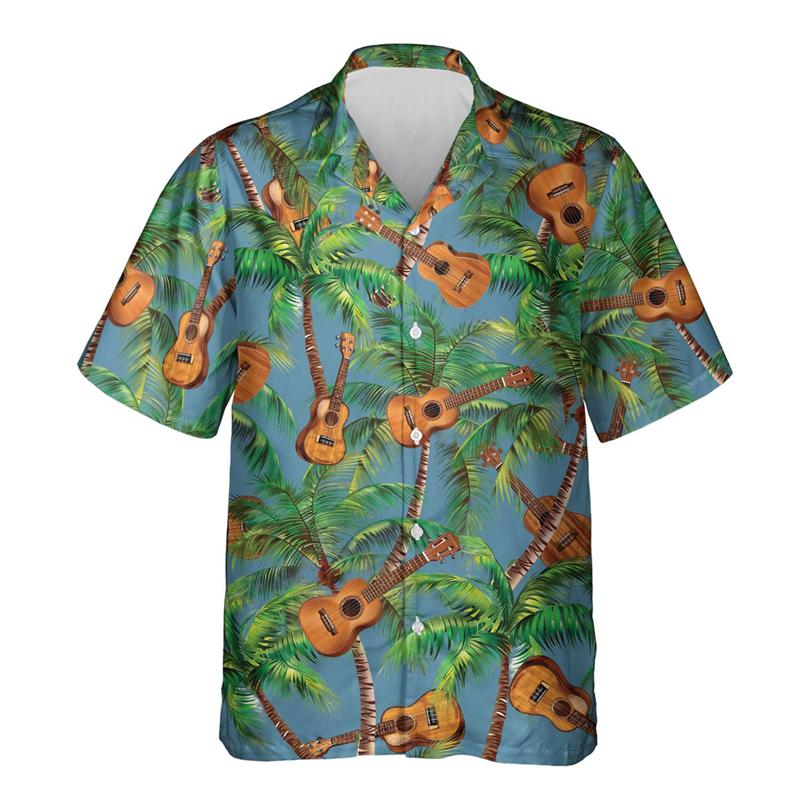 Camicie Grafiche Moda Ukulele da Uomo Abbigliamento Casual Ragazzo Ukelele Camicia da Spiaggia Strumento Uke Hawaiano Cantante Maschile Camicetta con Bavero