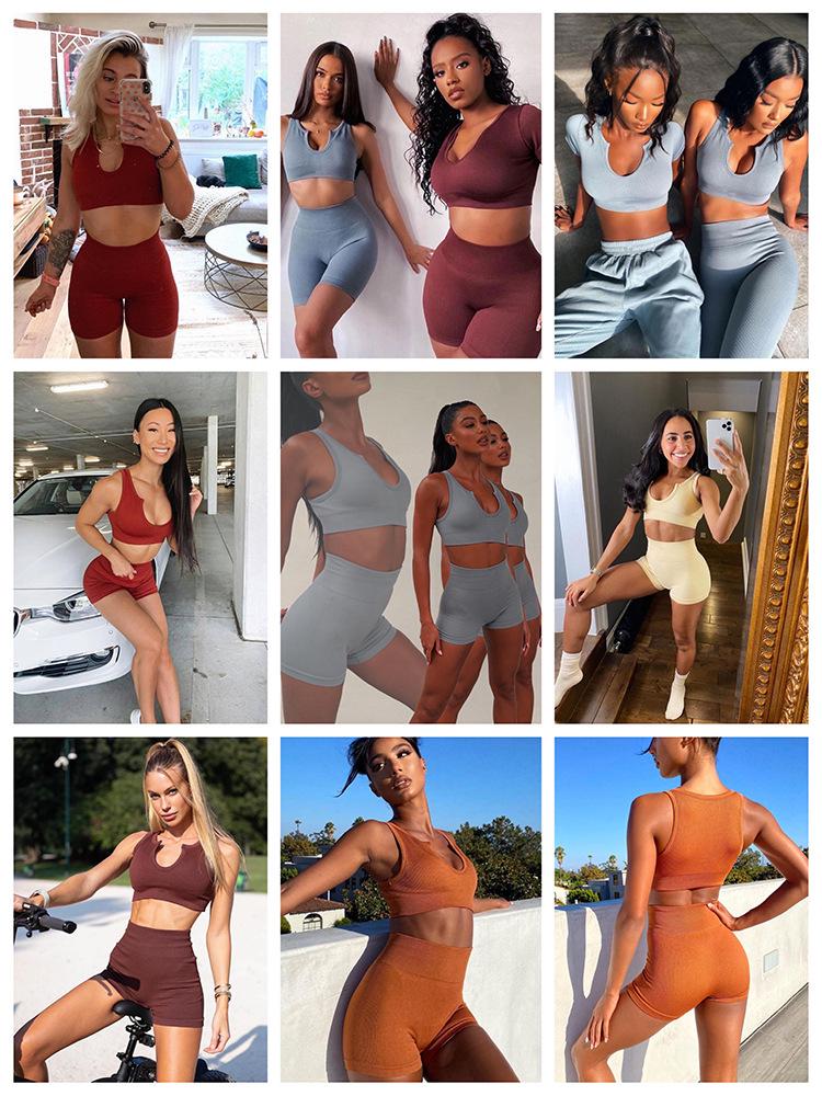 European & American Seamless Knitted Yoga Set: Peach Butt Sports Shorts & Short Sleeve Bra Vest for Summer Fitness