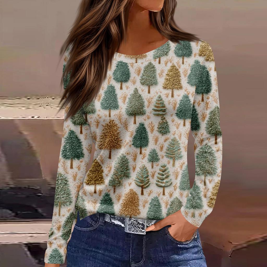 Women's Fashion Casual Slit Hem Round Neck Long Sleeve Loose  Printed T-Shirt Ladies Top