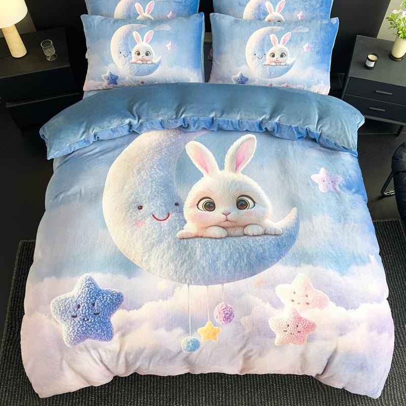 Milk Fleece Four-Piece Set, Large Version Digital Printing Cute Cartoon Single Double Quilt Cover, Bed Hat Three-Piece Set
