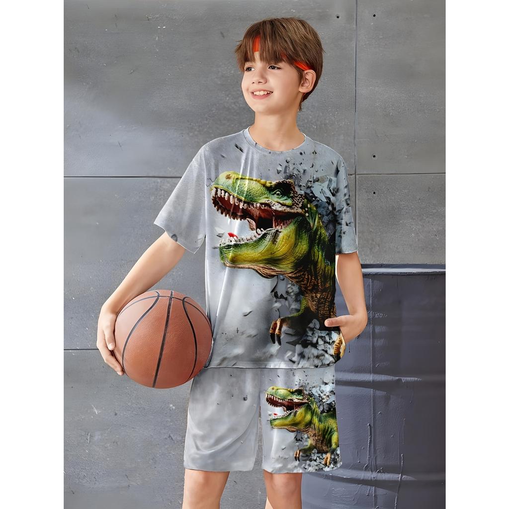 Boys' Dinosaur 3D Print Casual Outfit Set Sleeve Shorts, Vibrant Designs, Lightweight