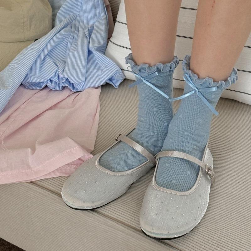 Cute Black Ear-trimmed Mid-calf Socks, Spring and Summer Bow Polka Dot Cotton Socks, Sweat-absorbing and Breathable Boneless Socks for Women