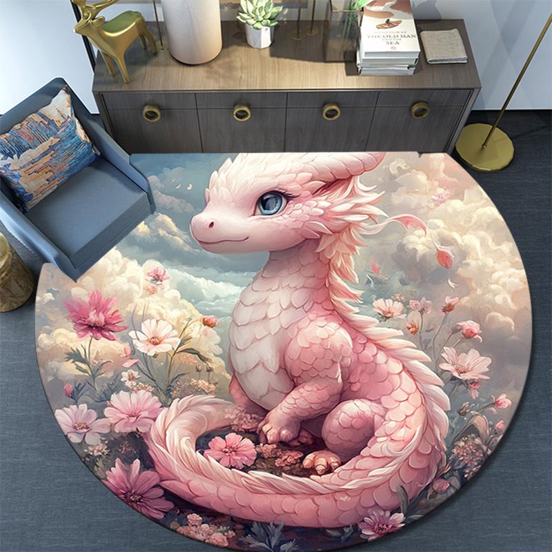 Pink Dragon Round Area Rug,Carpet Rug for Living Room Bedroom Sofa Playroom Decor,Non-slip Floor Mat