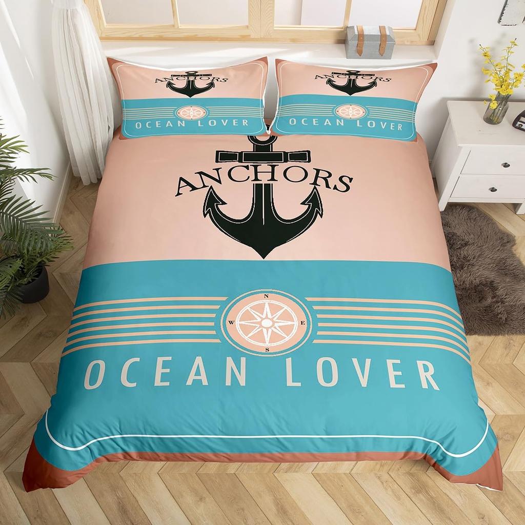 Anchor Compas Soft Duvet Cover Nautical Warm Comforter Cover Ful King Geometric Stripes Beding Set Coastal Adventure Theme Comfortable Quilt Cover