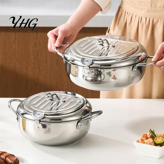 Portable Outdoor Camping Fryer Stainless Steel Stovetop Deep Pot with Thermometer, 2.2/3.2L Multifunctional Non Stick Tempura Frying Easy Clean