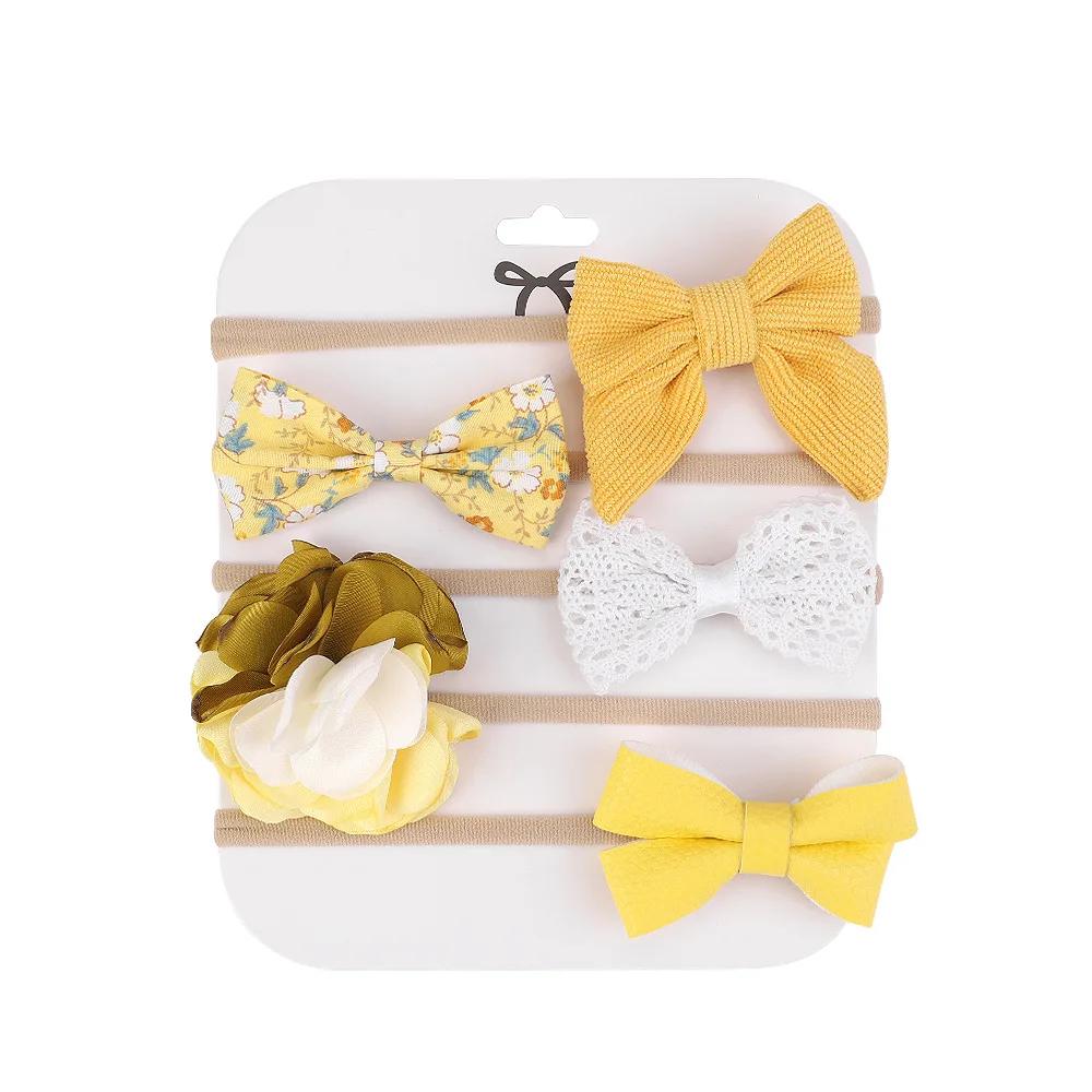 5Pcs Baby Bows Lace Flower Headband Print Nylon Cotton Hair Bands for Girls Children Newborn Toddler Soft Hair Accessories