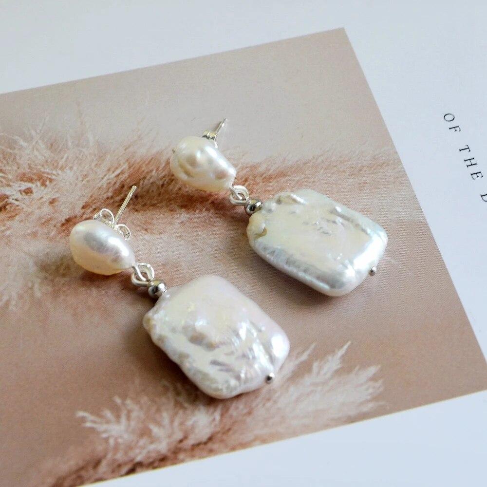 Pearl Earrings White Natural Freshwater Pearl Gold Silver Earrings Baroque Square Drop Earrings Bohemian Ladies Earrings