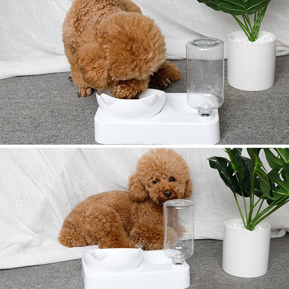 Pet Double Food Feeder Water Drinking Bottle 15 degrees  Adjustable Tilted Neck Protection Cat Dog Feeding BowlL