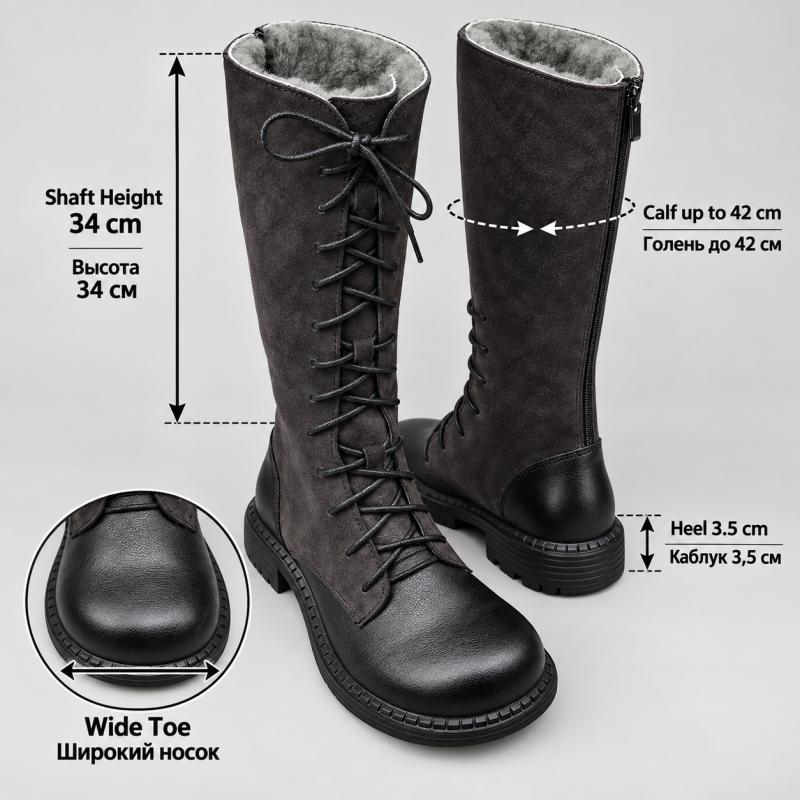 G&Zaco Luxury brand Knight Boots Genuine Leather Real Wool Women's Boots Knee-high Sheepskin Fur Anti Slip Thick Cotton Warm Lace Up Long Boots 3337
